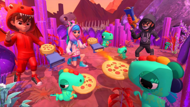 Dino PizzaA mode where players need to shoot pizza at dinosaurs to feed them. You  can also shoot at your opponent, which will make their belly grow and they will have to  return to the base to lose weight, or hide from the opponent to lose weight over time. For  each dinosaur fed, the player gets points. The goal is to get more points.