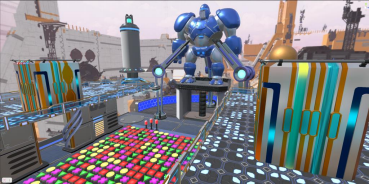 Robot Factory
It is a match3 mode in which players have to shoot parts of different  shapes and colors from a gun at the same parts on the field in the center of the map.  Parts of the same color and shape can stand next to each other on the field, and the more  of the same ones next to each other - the better for the player. The more parts they remove at once, the more points the team gets. At the end, the number of points received  by the teams is converted into robot health and they begin the battle. Whoever kills the  enemy robot first is the winner. Players can help the robot by shooting laser pistols at the  enemy’s robot.